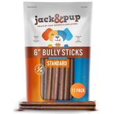 Jack&Pup 6in bully-stick packaging highlights premium, odor-free chews for dogs.