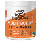 Jack&Pup Bark Buddies Multi-Buddy chew treats displayed in a jar for daily immune and joint support.