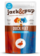 Jack&Pup duck feet 30-count pack close-up; natural single-ingredient dog chew.