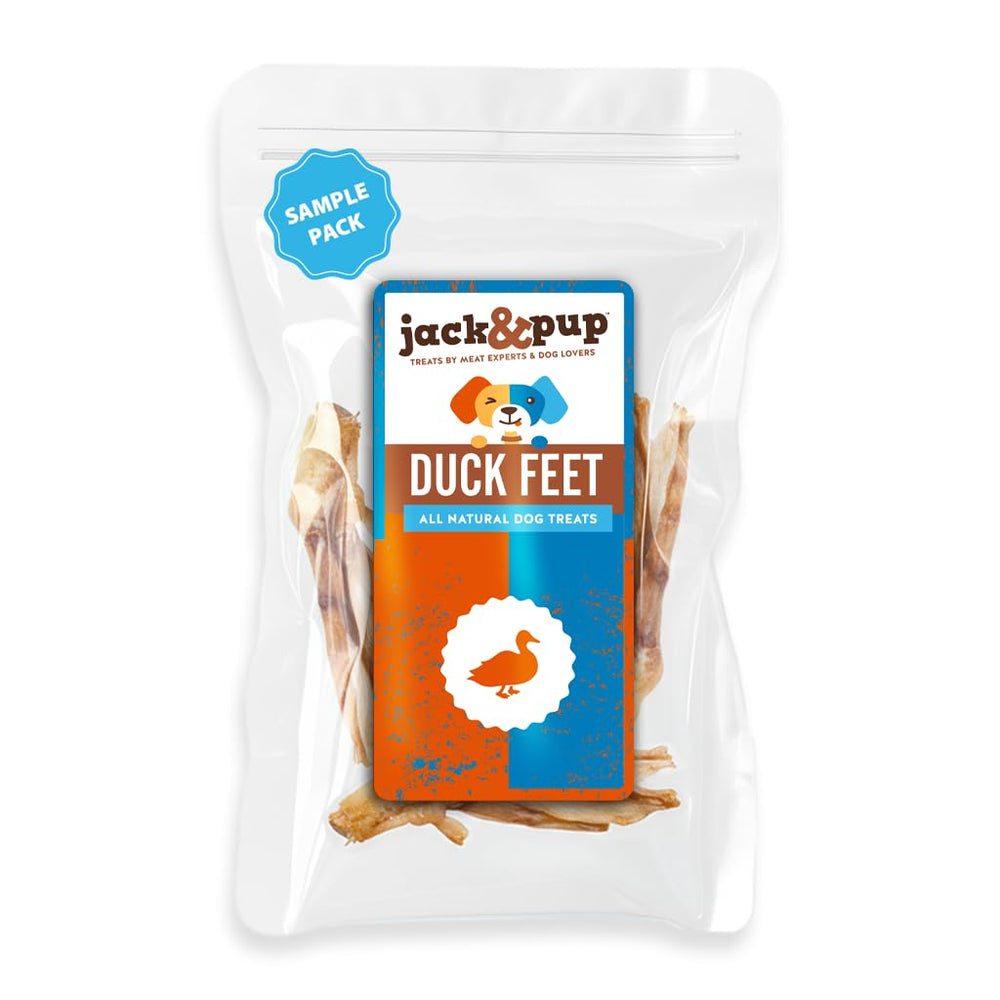 Jack&Pup duck feet dog treat showing 100% dehydrated duck feet for a tasty, joint-friendly chew.