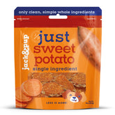 Jack&Pup sweet potato chews packaging: simple, natural ingredient for healthy dog snacking.