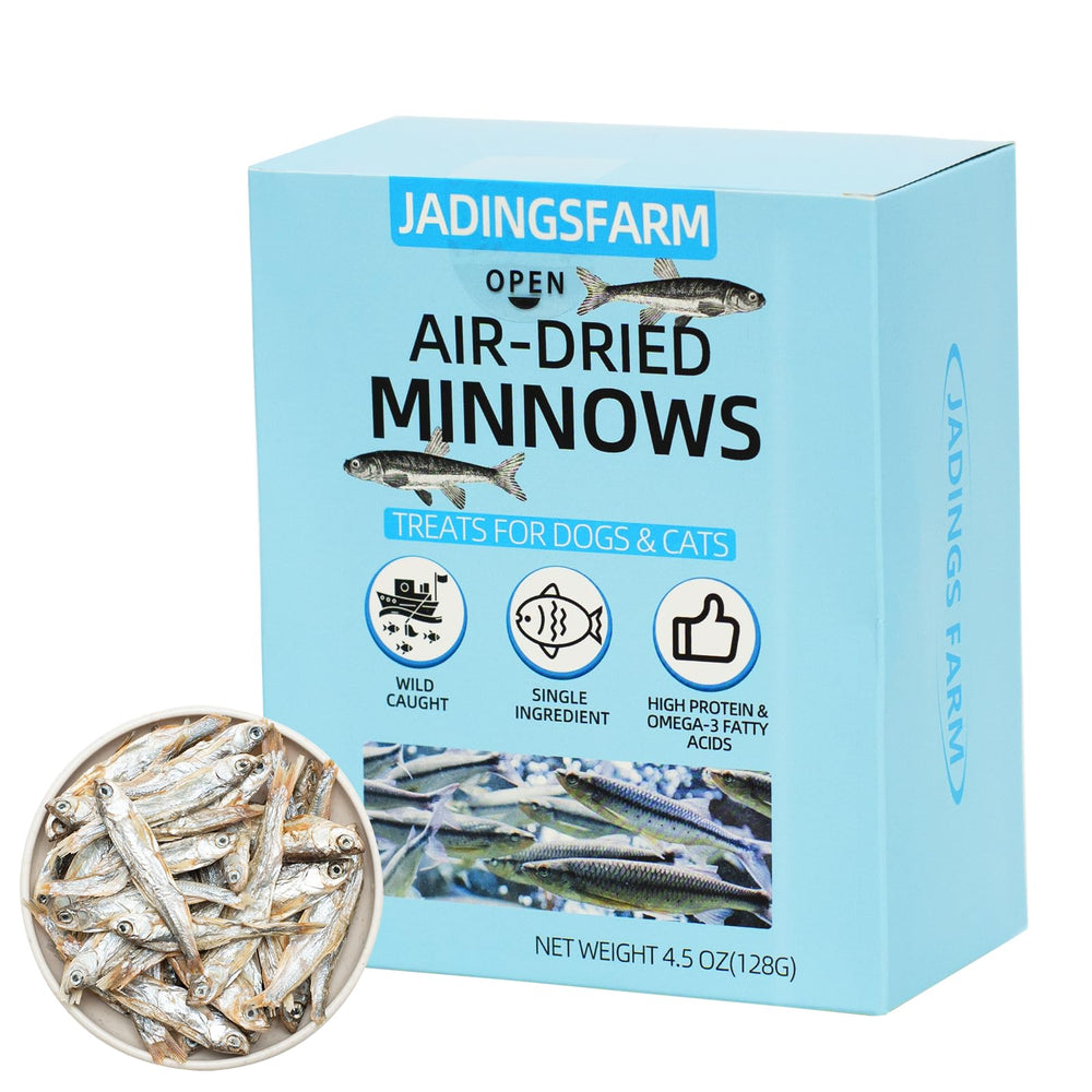 JADINGSFARM air-dried minnows bag close-up highlights high-protein, grain-free pet treats.