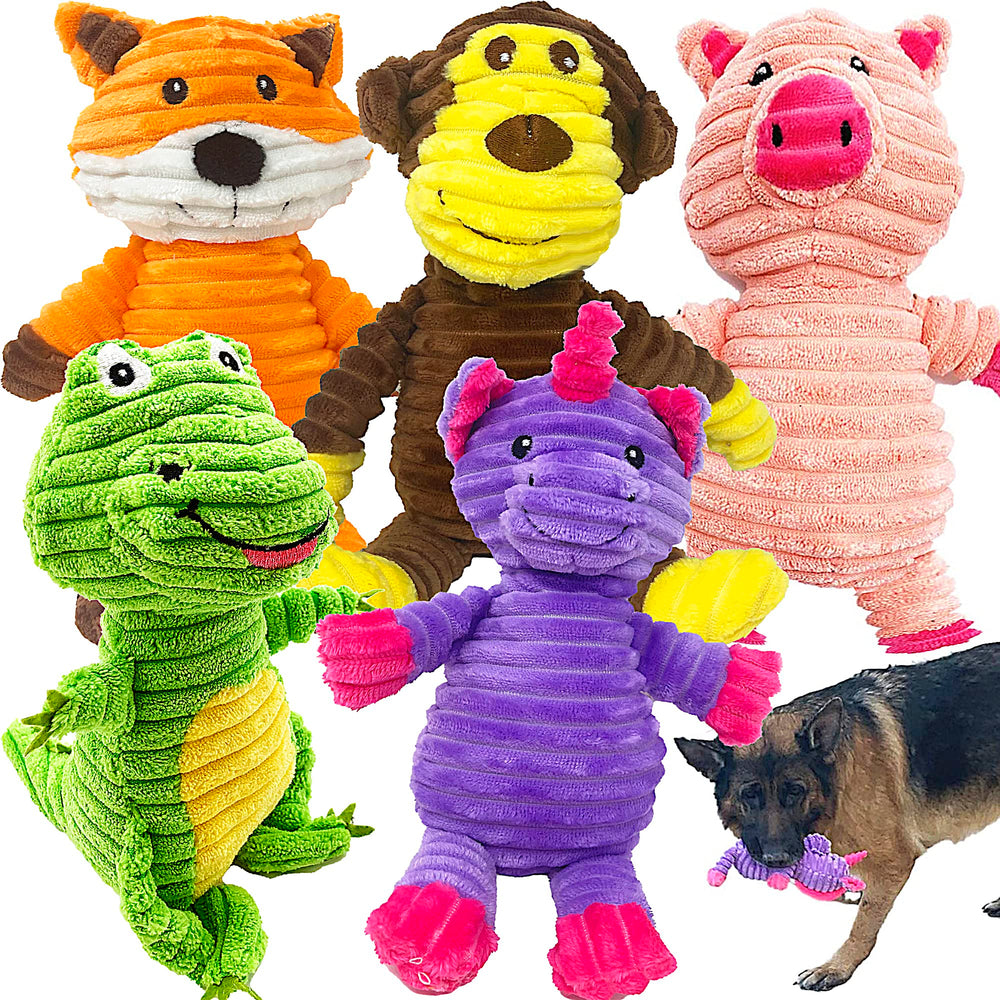 Jalousie plush toys assortment 5-pack for dogs showing vibrant colors and squeak appeal for interactive play