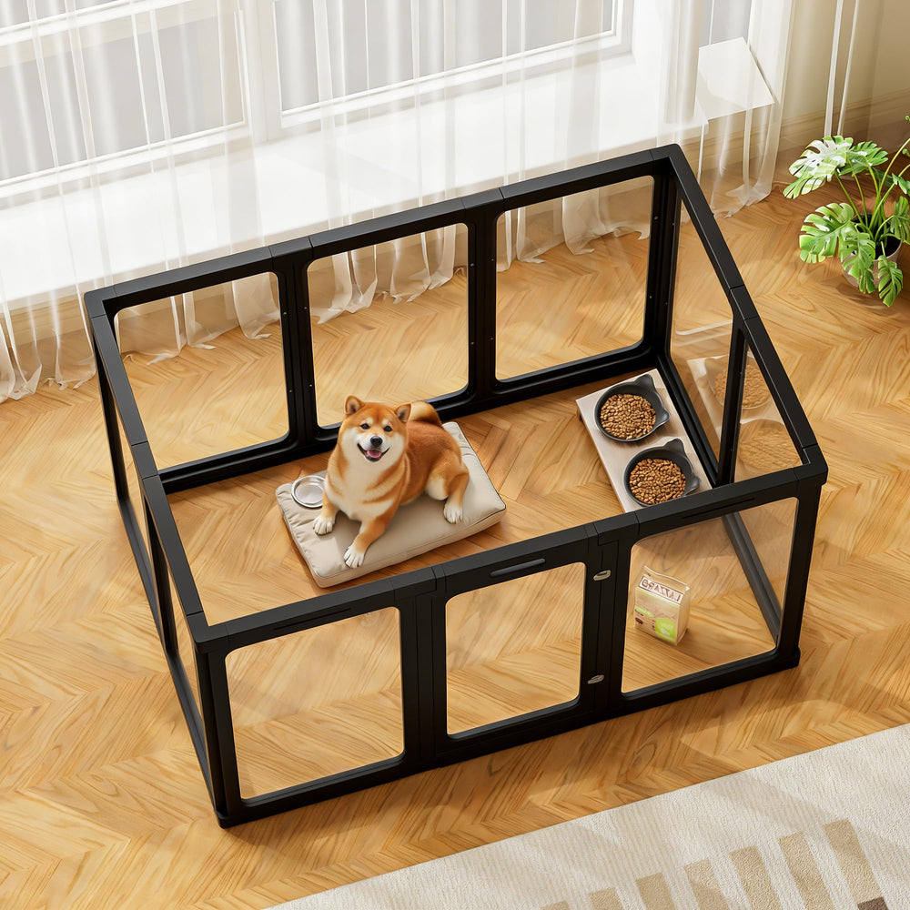 Jalove 30-inch clear dog playpen assembly for quick indoor setup.