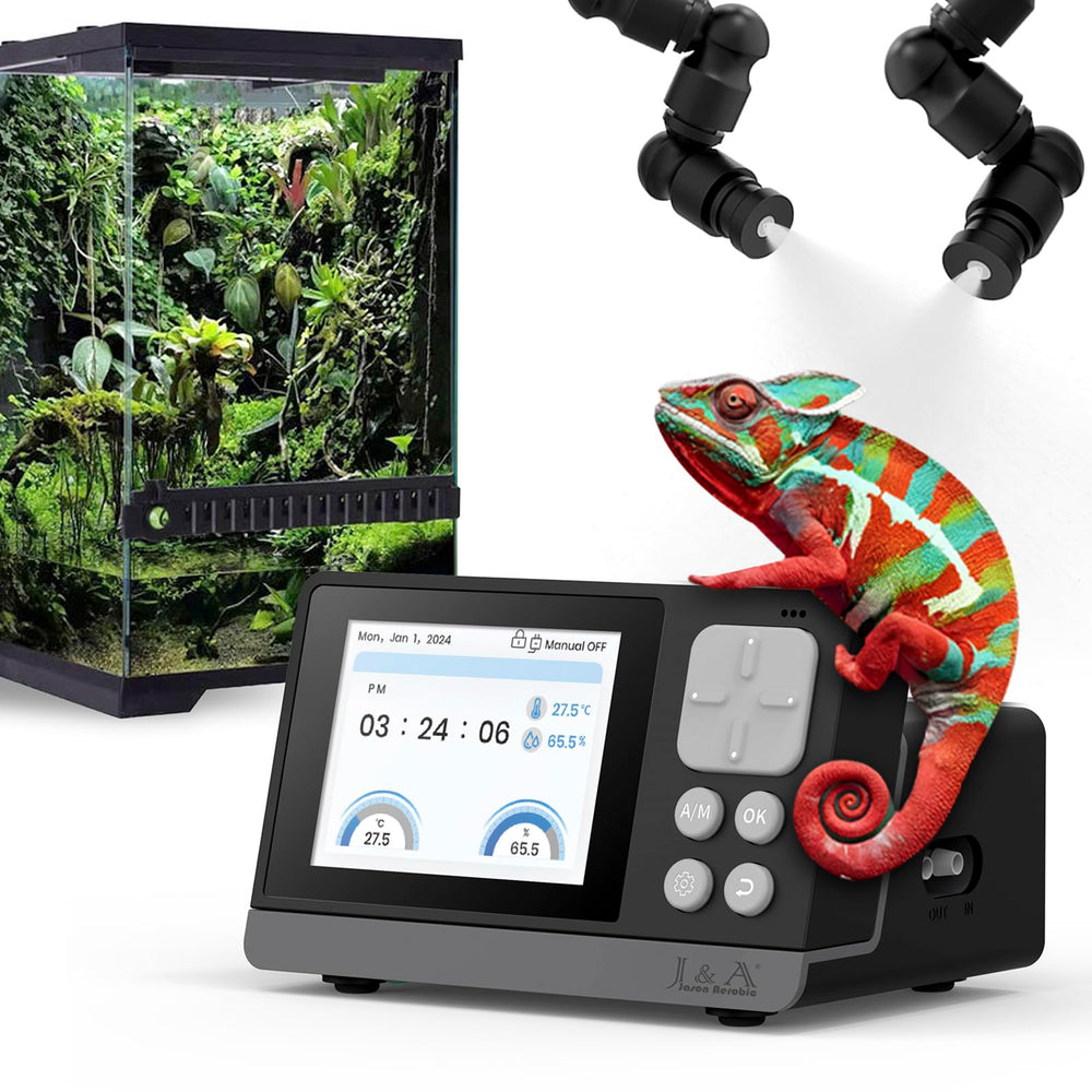 J&A Smart Reptile Mister LED screen shows live status for precise habitat monitoring.