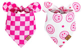 JarThenaAMCS pink smile face bandana close-up showing soft fabric for daily wear.