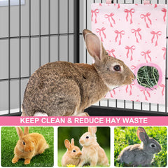 JarThenaAMCS rabbit hay feeder bag hanging in cage demonstrates easy access.