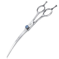 JASON curved dog grooming scissors blade close-up for precision trimming and smooth cuts