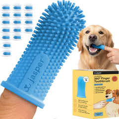 Jasper dog toothbrush 360-degree clean shows full-mouth coverage for faster plaque control.