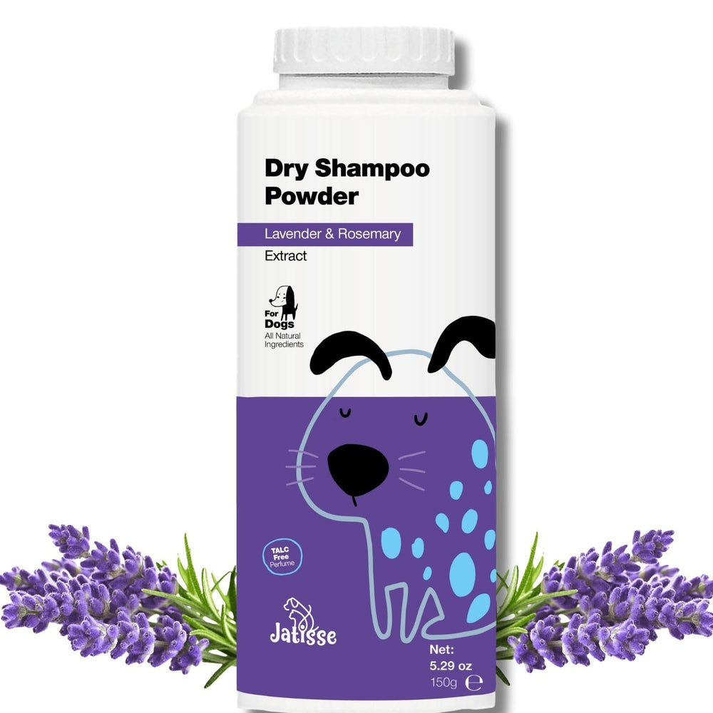 Jatisse dry shampoo bottle with lavender and rosemary, reducing odors in a dog's coat.