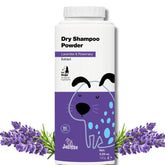 Jatisse dry shampoo bottle with lavender and rosemary, reducing odors in a dog's coat.