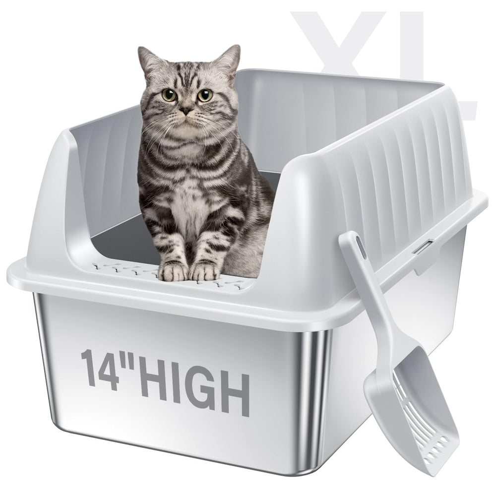 Jecoo XL stainless steel cat litter box with lid, lid-open view, helps manage litter control.