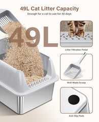 Jecoo stainless steel litter box features non-stick surface so waste slides off and reduces buildup.