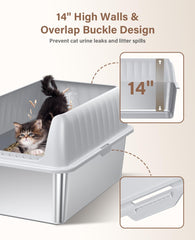 Jecoo XL stainless steel litter box with reinforced high walls demonstrates sturdy stability for playful cats.