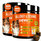 Jennandra dog allergy chews 400-count jar on countertop for daily itch relief support.