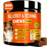 Jennandra Dog Allergy Chews bottle label highlights natural ingredients for immune support.
