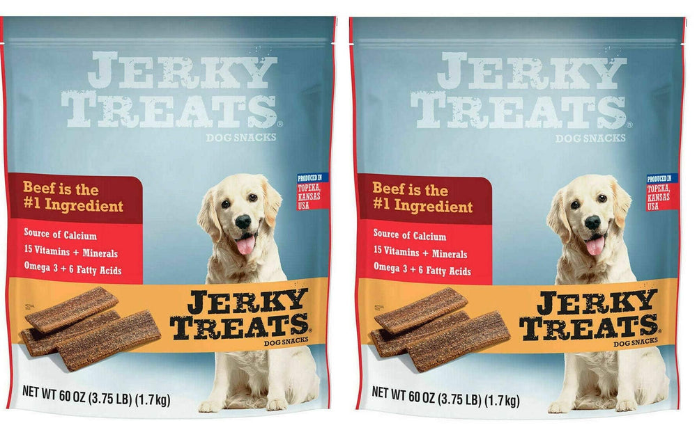 Jerky Treats Tender Strips beef 2-pack front packaging highlighting generous size for rewards.