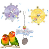 Jevnd parakeet toy spinner assembly demonstrates versatile hanging setup for cage enrichment.