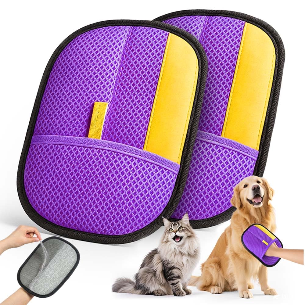 JGLXF pet hair removal gloves in purple pack for quick fur pickup on fabric surfaces