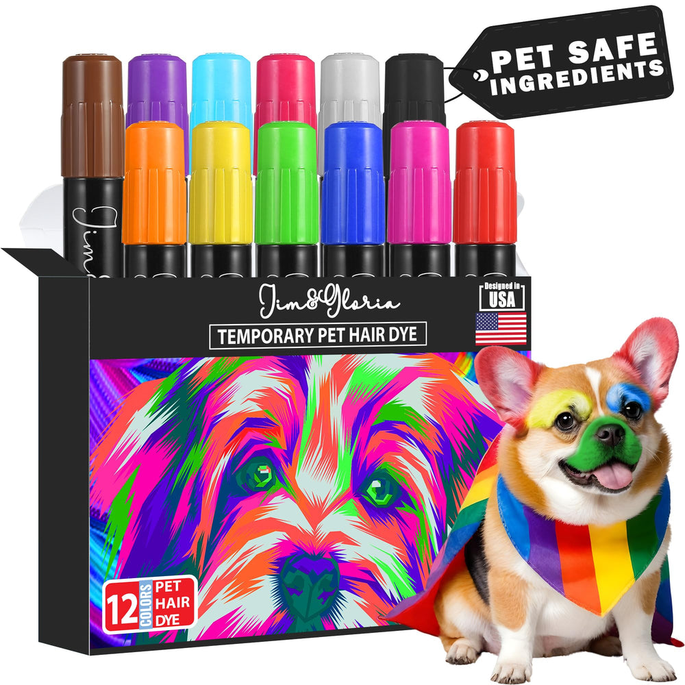 Jim&Gloria packaging shows a 12-color set for playful pet makeovers.