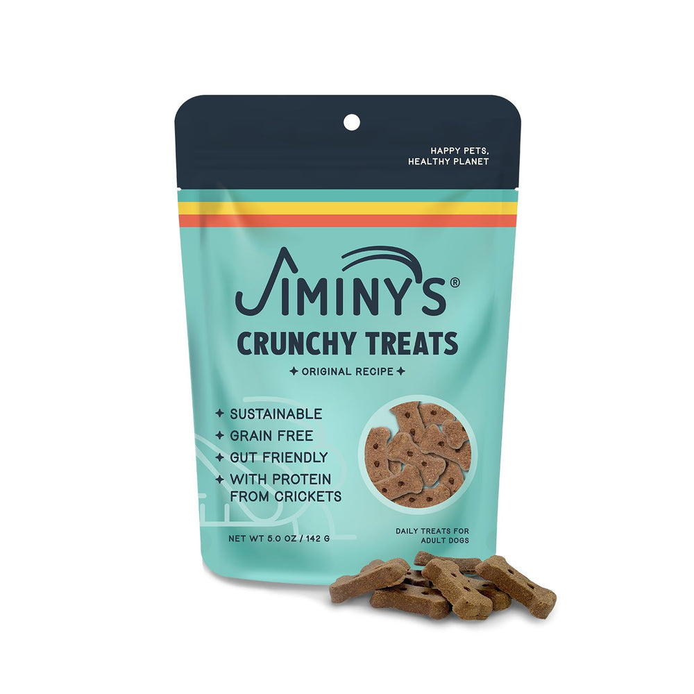 Jiminy's Crunchy Original Peanut Butter & Pumpkin dog treat packaging showcases hypoallergenic, sustainable snacking.