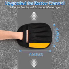 Jimtoiny five-finger grooming glove on sofa showing precise reach into crevices with ease.