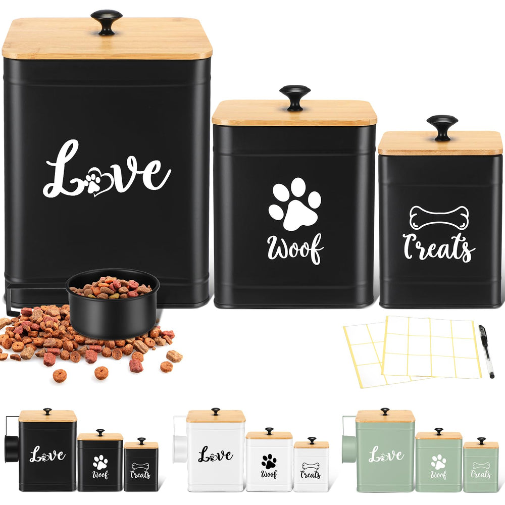 Jingmore metal dog treat containers set with bamboo lids on a counter