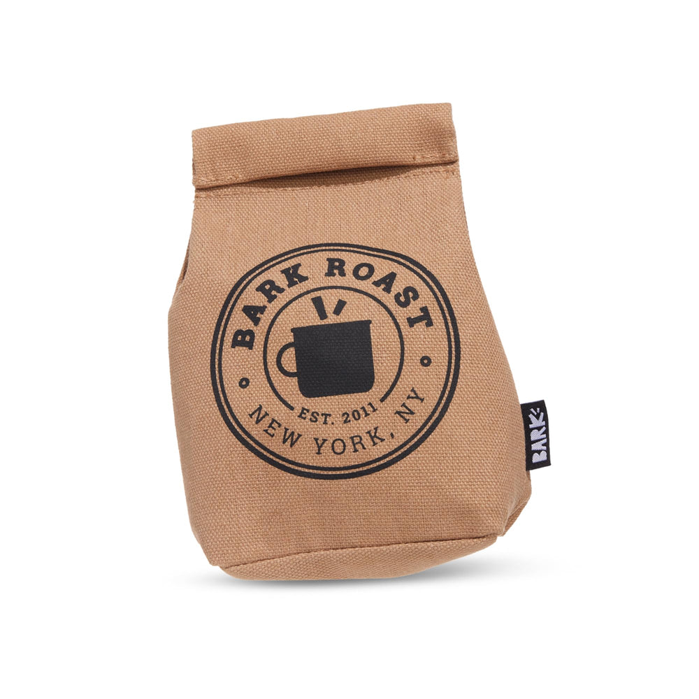 BarkBox Jitter Pug Coffee Bean toy outer canvas provides durable chew.