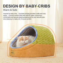 Jiupety cave bed interior green close-up highlights plush cushion for warm snuggling.