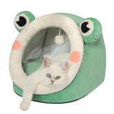 Jiupety cute cat bed exterior in green frog for cozy igloo lounging.