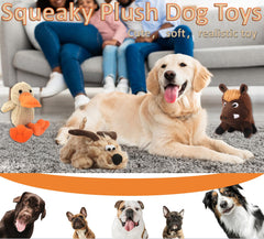 JKW plush squeaky duck toy in action with dogs encouraging interactive chase