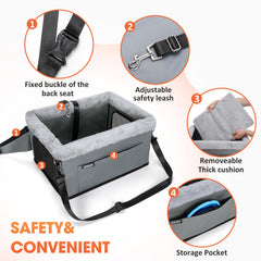 JOEJOY Deluxe booster seat in-car with clip-on leash for added pet safety.