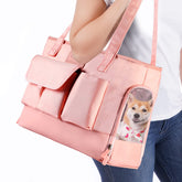 Johomviin pink pet carrier side view shows comfortable travel for small dogs and cats.