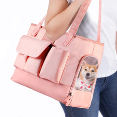 Johomviin pink pet carrier side view shows comfortable travel for small dogs and cats.