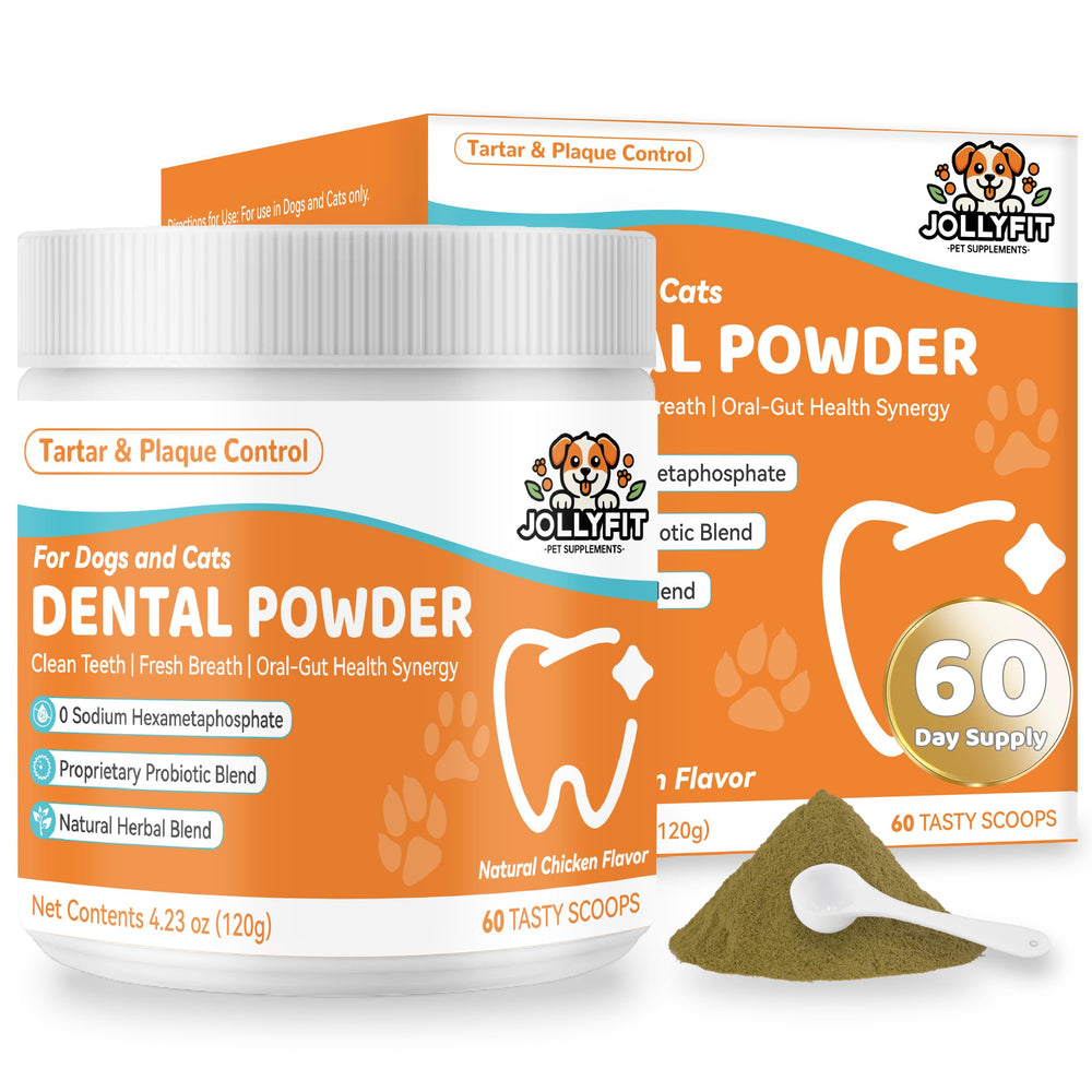 Jollyfit Dog Teeth Cleaning Powder packaging shows 60-scoop jar for daily dental care