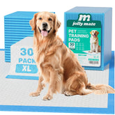 JollyMate dog pee pad packaging showing XL 28x34 inches for indoor training benefits.