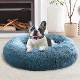 JOLLYVOGUE calming dog bed round blue front view provides cozy retreat for anxious dogs