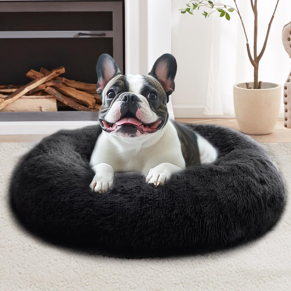 JOLLYVOGUE calming donut bed front view shows plush fur for cozy naps.