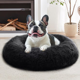 JOLLYVOGUE calming donut bed front view shows plush fur for cozy naps.