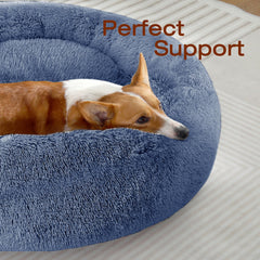 JOLLYVOGUE calming donut cushion close-up shows plush faux fur comfort.