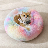JOLLYVOGUE donut bed plush fur closeup highlights cozy warmth for pets.