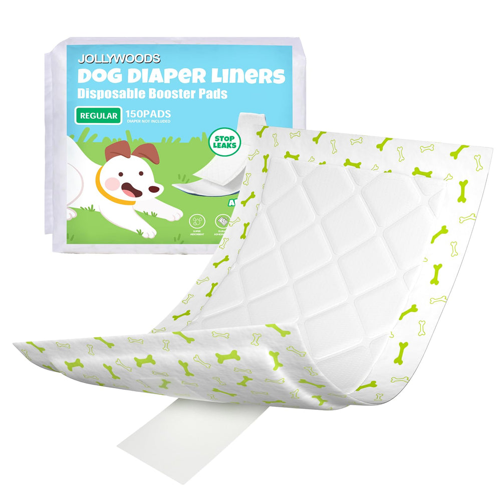 Jollywoods dog diaper liners pack-150pcs showcasing high-capacity absorbency for extended use.