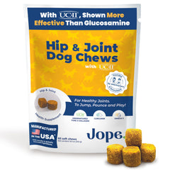 Jope Hip & Joint chews packaging emphasizes veterinarian-made formula for canine joint support.