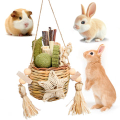 Jorewood Reedgrass Chew Toy Basket hanging in cage promotes enrichment and helps wear teeth down