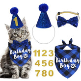 JOTFA cat birthday bandana blue plaid on cat, ideal for stylish party photos
