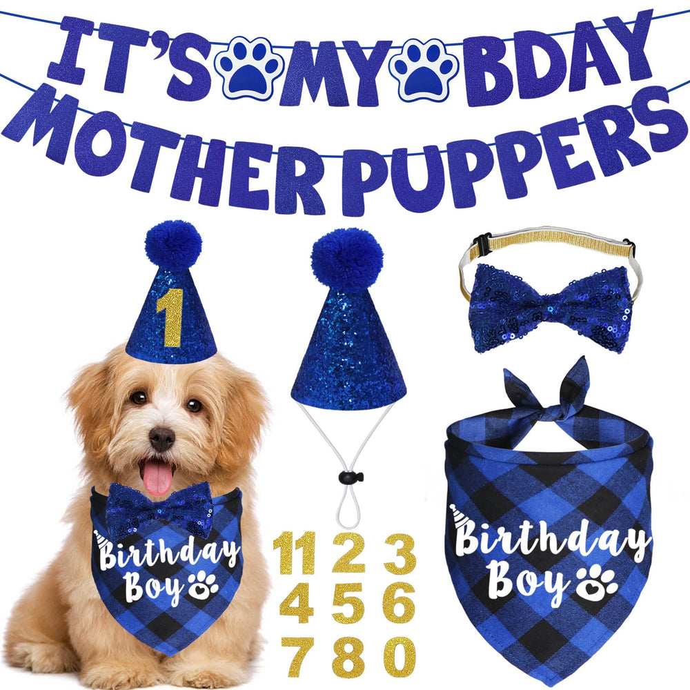 JOTFA dog birthday bandana blue plaid for festive photos