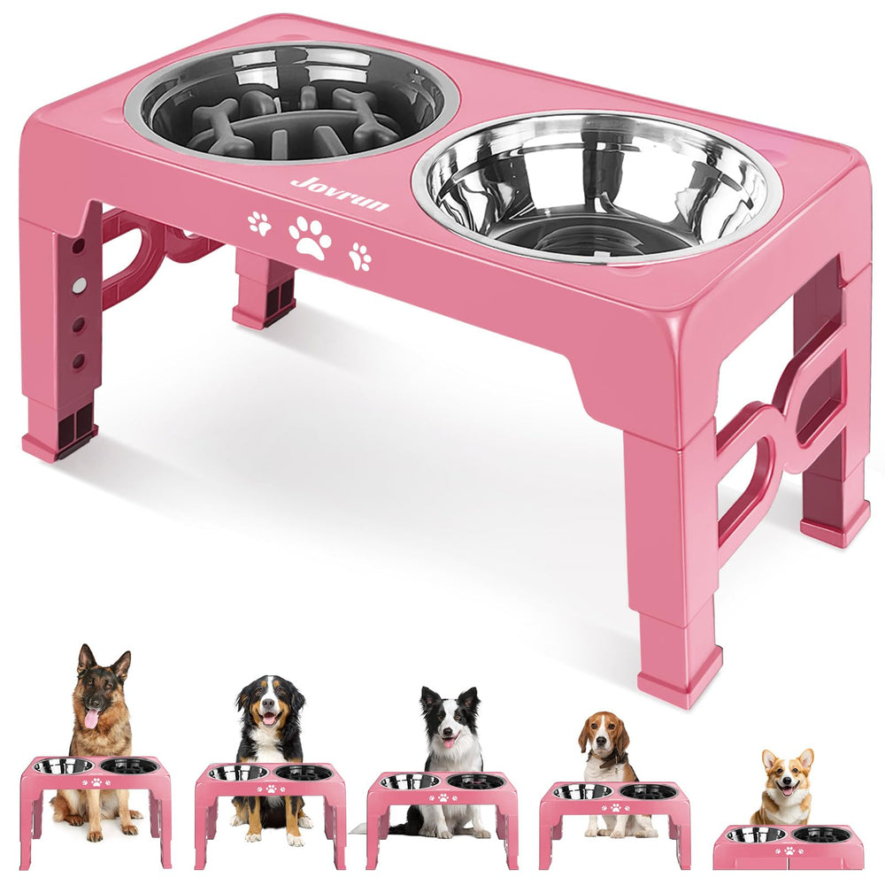 Jovrun elevated dog bowls assembly shows adjustable-height setup for comfortable feeding.