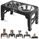 Jovrun elevated dog bowls stand with five-height adjustability for growing dogs.