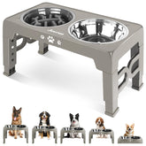 Jovrun elevated dog bowls stand showing height-adjust feature for comfortable dining