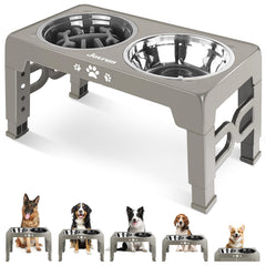 Jovrun elevated dog bowls stand showing height-adjust feature for comfortable dining